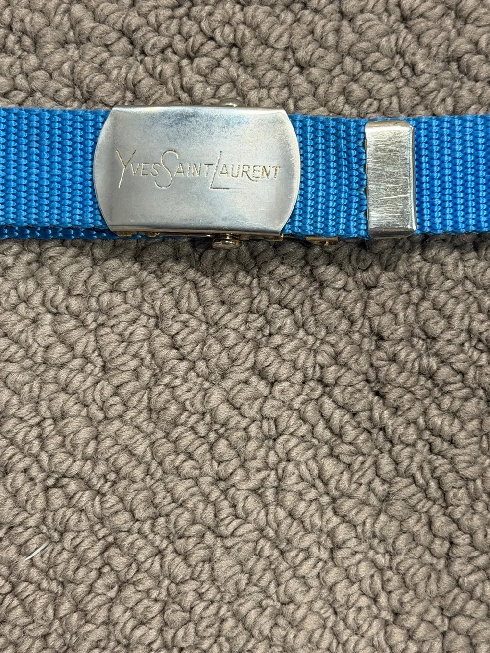 Yves Saint Laurent Bright Blue Webbing Belt with Silver Buckle